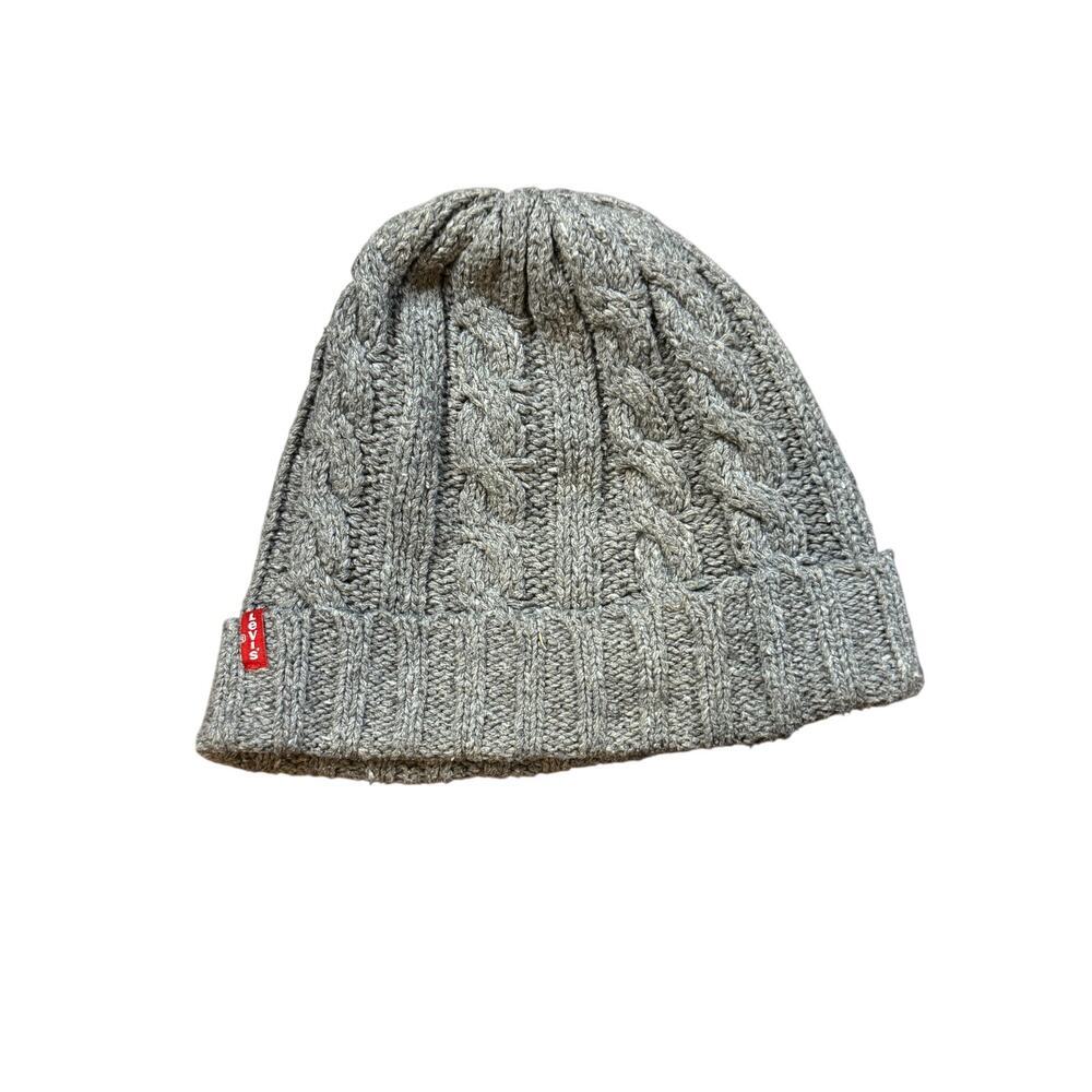 Levi’s Gray Cable Knit Beanie Hat Cuffed Red Tab Logo 100% Cotton One Size
